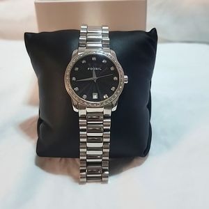 Fossil Men's Silver 3.5cm face watch with cubic zirconia stones
